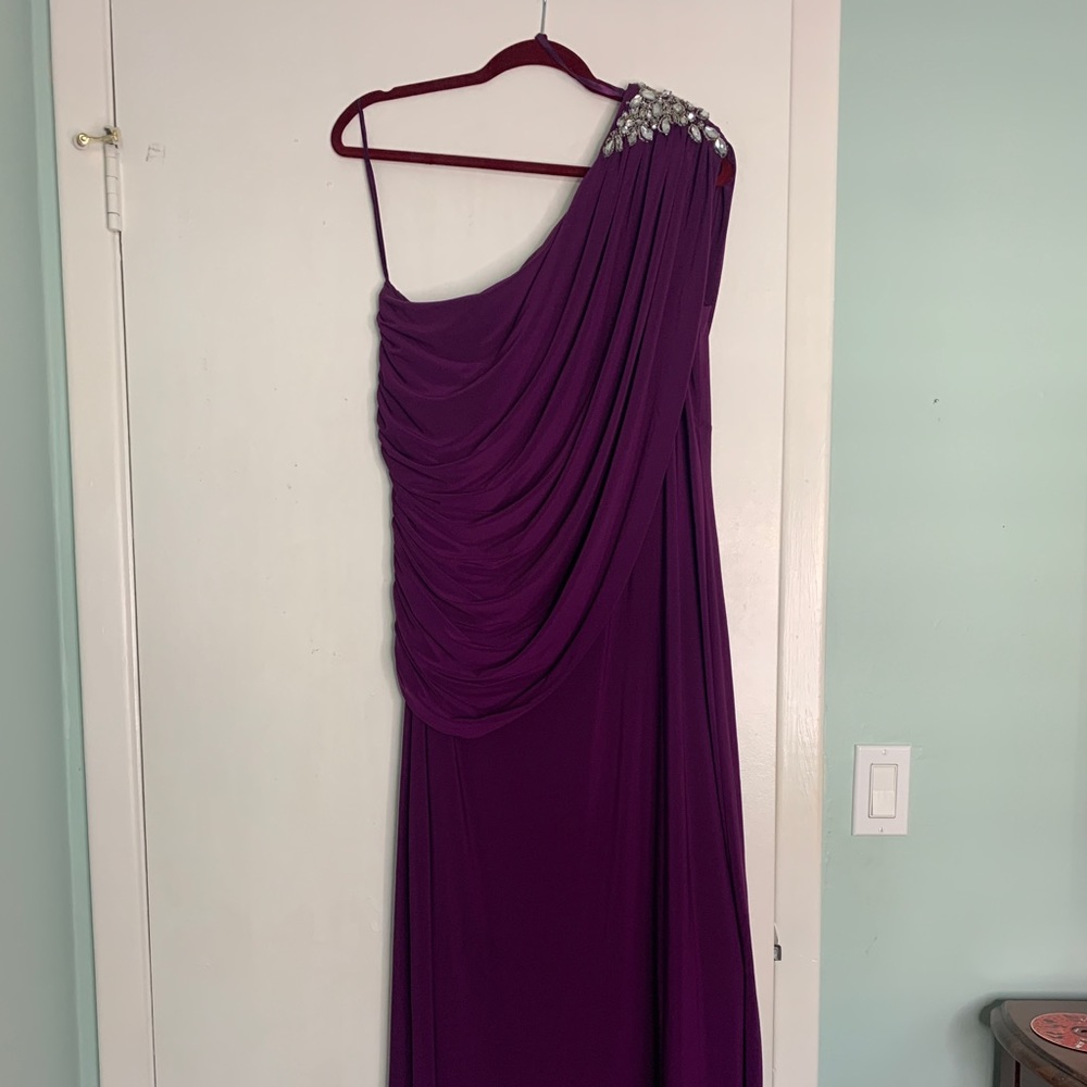 Alex Evenings Plus Size One Shoulder Rhinestone Purple Gown 14W